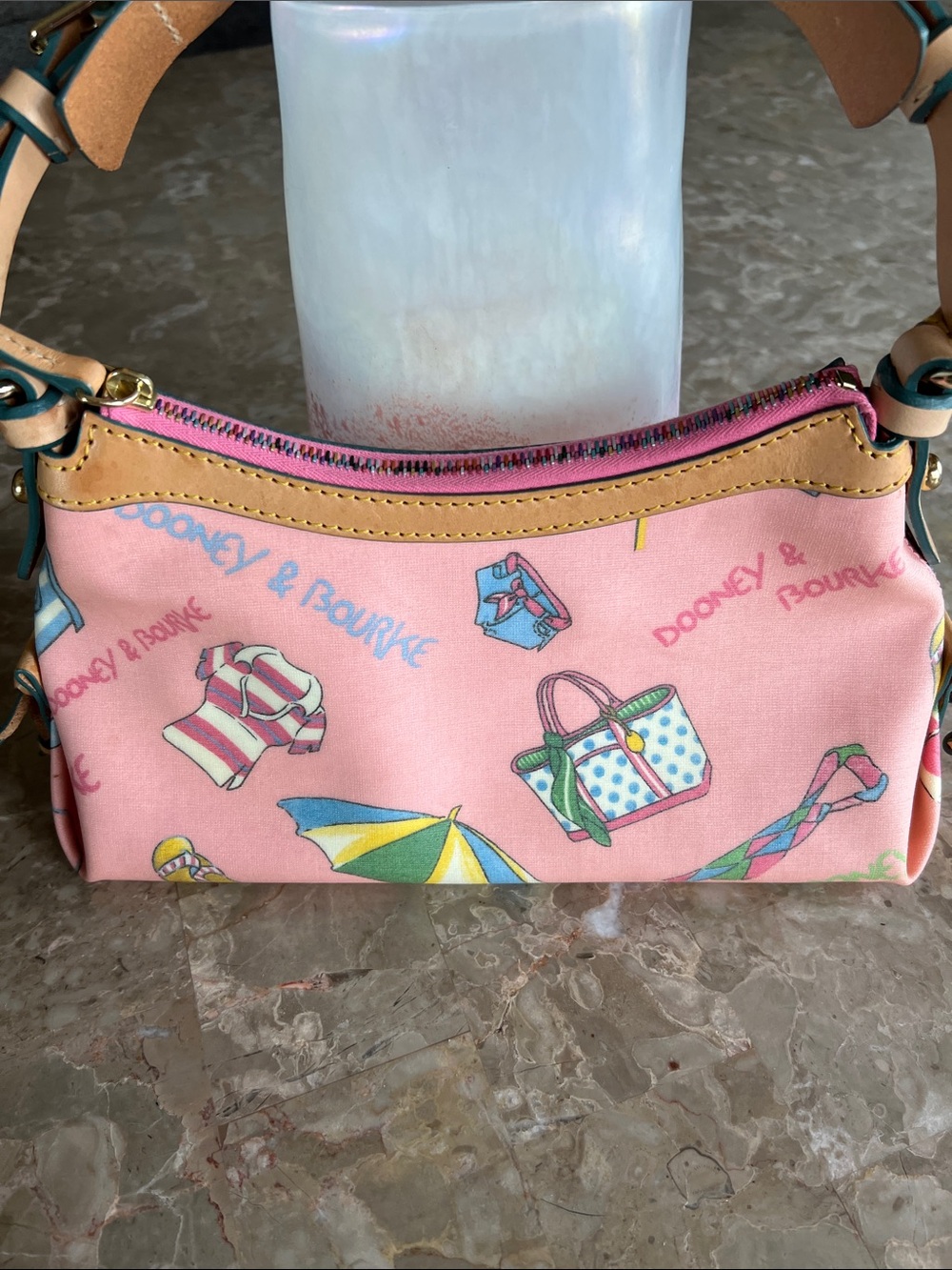 Dooney & Bourke Pink Canvas Summer Print Shoulder Bag with Tan Trim Beach Theme